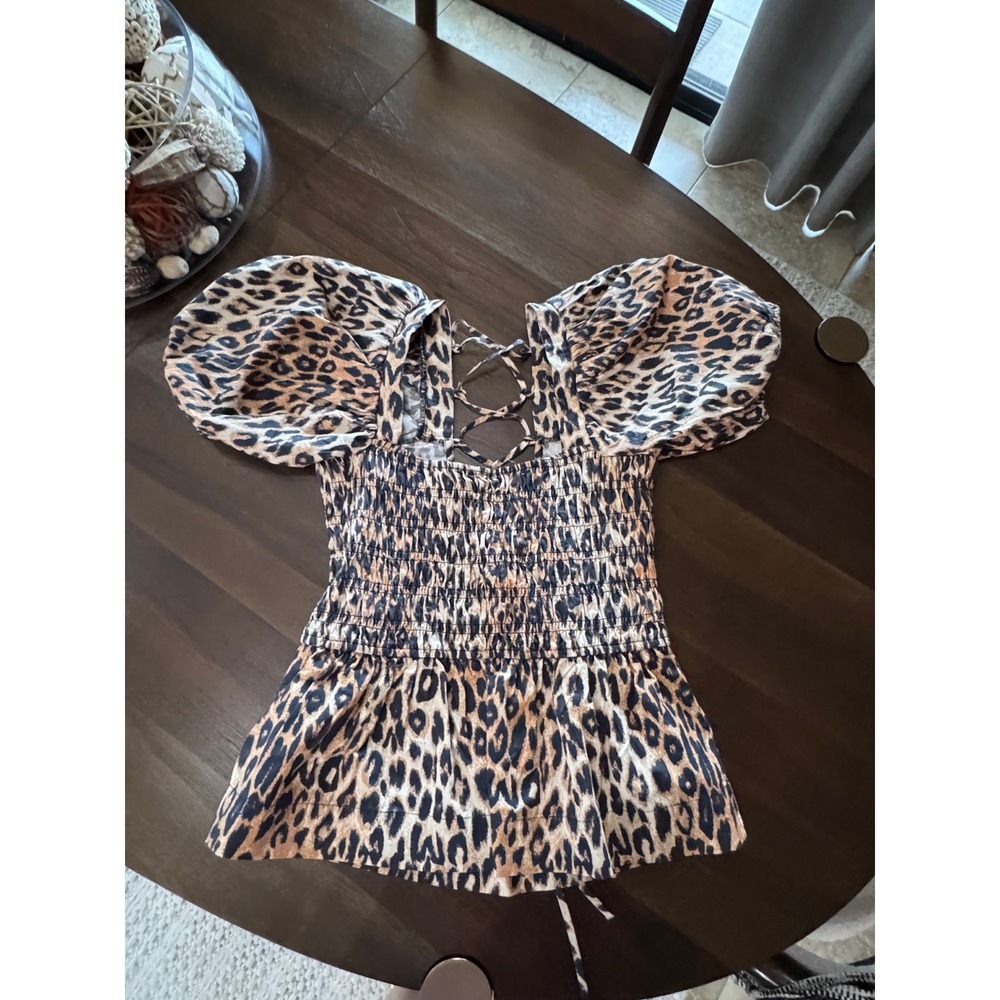 Damson Madder Lottie Leopard Smocked Puff Sleeve Corset Top 10 Viral NWT